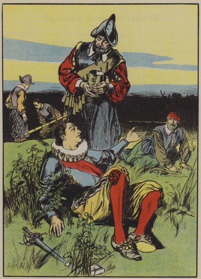 Sir Philip Sidney en de stervende soldaat (kleurenlitho) door Thomas Heath Robinson