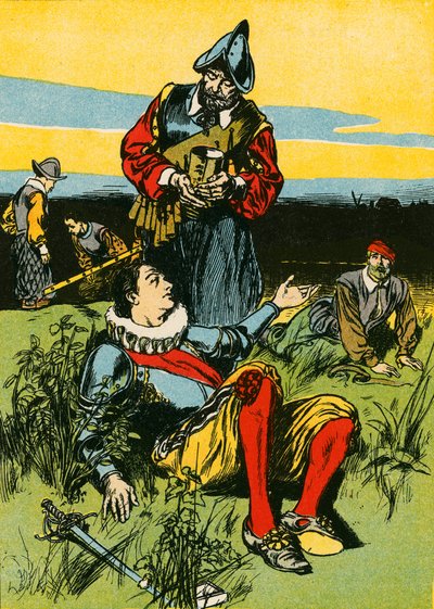 Sir Philip Sidney en de stervende soldaat (kleurenlitho) door Thomas Heath Robinson
