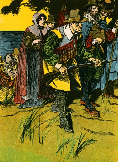 De Pelgrimvaders gaan de Nieuwe Wereld binnen (kleurenlitho) door Thomas Heath Robinson