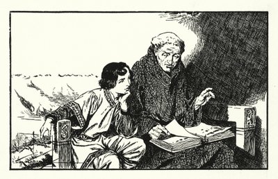 De toekomstige koning Alfred krijgt een opleiding (litho) door Thomas Heath Robinson