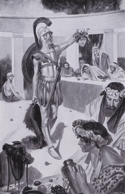 Toen hield Perseus . .. het hoofd van de Gorgon omhoog (litho) door Thomas Heath Robinson