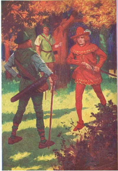 "Het is een pestilente schurk!" riep de scharlakenrode vreemdeling (kleurenlitho) uit. door Thomas Heath Robinson