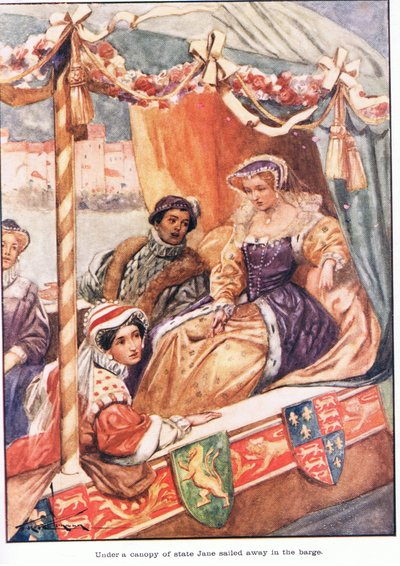 Onder een baldakijn van staat voer Jane weg in de schuit (kleurenlitho) door Thomas Heath Robinson