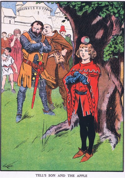 De zoon van William Tell en de appel (kleurenlitho) door Thomas Heath Robinson