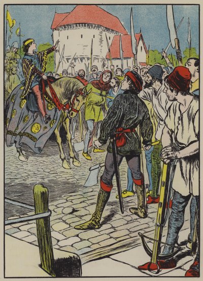 De jonge koning Richard staakt de opstand (kleurenlitho) door Thomas Heath Robinson