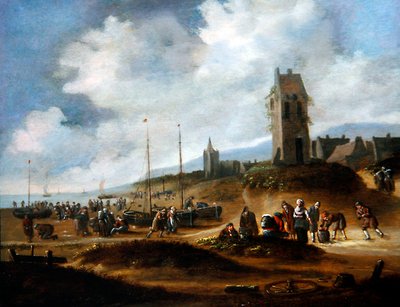 Een uitzicht op Egmond met vissers die hun vangst verkopen door Thomas Heeremans