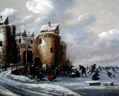 Een Winterlandschap met Schaatsers bij een Versterkte Poort door Thomas Heeremans