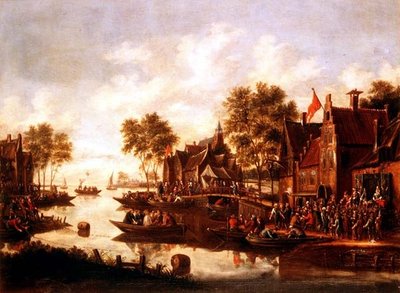 Een dorpskermis met spelers op een podium bij een herberg en mannen die drinken in boten door Thomas Heeremans