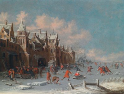Schaatsers op het ijs voor de poorten van een Nederlandse stad door Thomas Heeremans