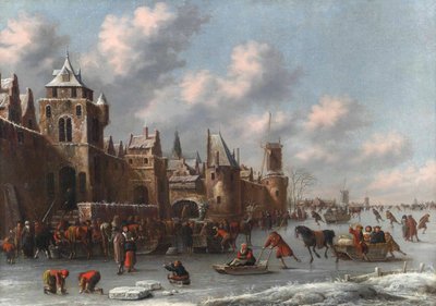 Winterlandschap met figuren die schaatsen en sleeën op een bevroren gracht bij een versterkte stad door Thomas Heeremans
