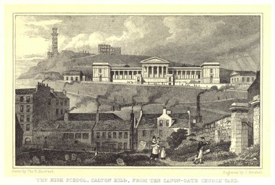 De High School, Calton Hill, vanaf de Canon-Gate Church Yard door Thomas Hosmer (after) Shepherd