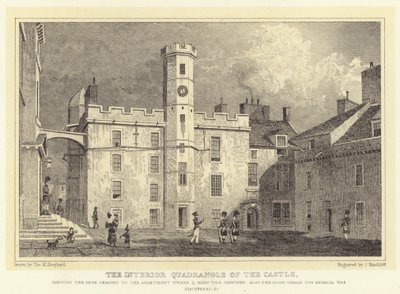 Het binnenste vierkant van het kasteel, met de deur naar het appartement waar koningin Mary werd vastgehouden, ook de kamer waar de regalia werd ontdekt enz. door Thomas Hosmer (after) Shepherd