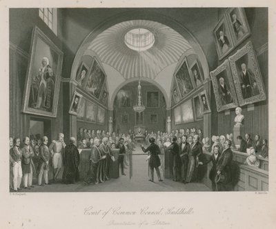 Hof van de Gemeenteraad, Guildhall, Londen; presentatie van een petitie door Thomas Hosmer Shepherd