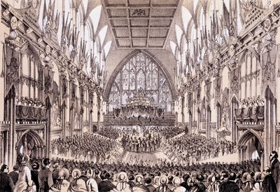 Interieur van het Guildhall - De Lord Mayor en Corporation presenteren hun adres aan de keizer en keizerin van Frankrijk, 19 april 1855 door Thomas Hosmer Shepherd