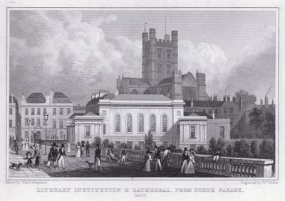 Literair instituut en kathedraal, vanaf North Parade, Bath door Thomas Hosmer Shepherd