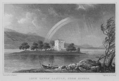 Kasteel Loch Leven, vanaf Kinros (gravure) door Thomas Hosmer Shepherd