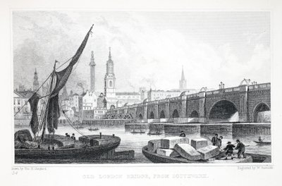 Oude London Bridge, vanaf Southwark, uit 