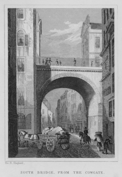 South Bridge, vanaf de Cowgate (gravure) door Thomas Hosmer Shepherd