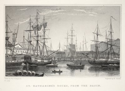 St Katherine Docks, vanaf het Basin, Tower, uit Londen en zijn Omgeving in de Negentiende Eeuw uitgegeven door Jones und Co., 1827-1829 door Thomas Hosmer Shepherd