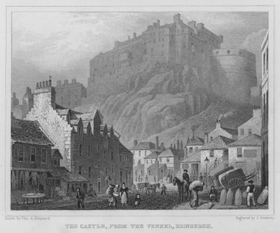 Het Kasteel, vanaf de Vennel, Edinburgh door Thomas Hosmer Shepherd