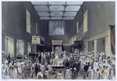 Het Hogerhuis, Hare Majesteit opent de zitting van het parlement, gegraveerd door Henry Melville, ca. 1840 door Thomas Hosmer Shepherd