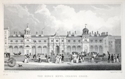 De Koningsstallen, Charing Cross, uit Londen en zijn Omgeving in de Negentiende Eeuw, gepubliceerd door Jones und Co., 1827-1829 door Thomas Hosmer Shepherd