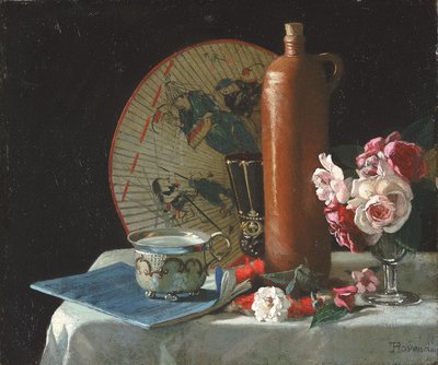 Stilleven met waaier en rozen door Thomas Hovenden