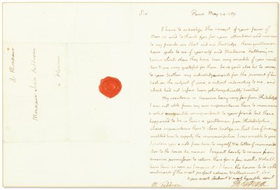 Handtekeningbrief als Amerikaanse ambassadeur in Frankrijk, aan Giovanni Fabbroni, Parijs, 24 mei 1789 door Thomas Jefferson