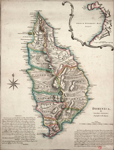 Kleurkaart van Dominica met gedetailleerde geografische observaties, ca. 1760 (handgekleurde gravure) door Thomas Jefferys
