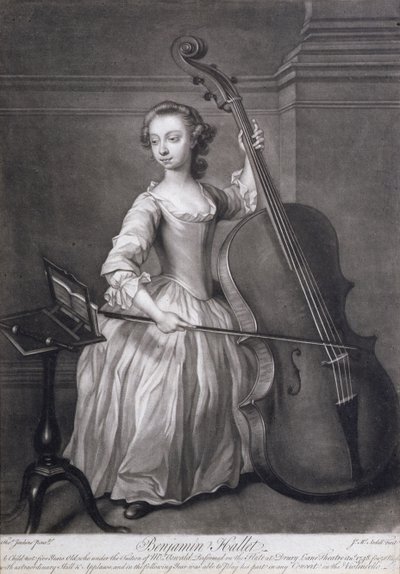 Portret van Benjamin Hallet die cello speelt, gegraveerd door James McArdell, ca. 1749 door Thomas Jenkins
