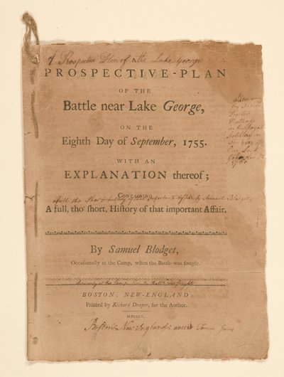 Een Projectief Plan van de Slag bij Lake George. Tekst (deel B) door Samuel Blodgett door Thomas Johnston