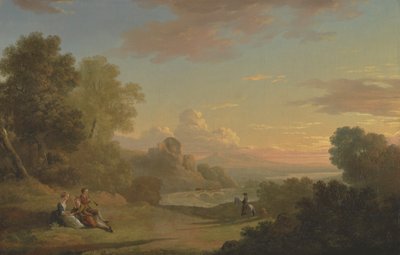 Een denkbeeldig landschap met een reiziger en figuren met uitzicht op de baai van Baiae door Thomas Jones