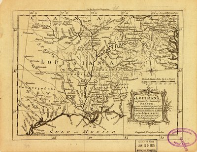 Louisiana, zoals vroeger geclaimd door Frankrijk, dat nu een deel van Brits Amerika ten oosten en Spaans Amerika ten westen van de Mississippi omvat. LOC 77690498 door Thomas Kitchin