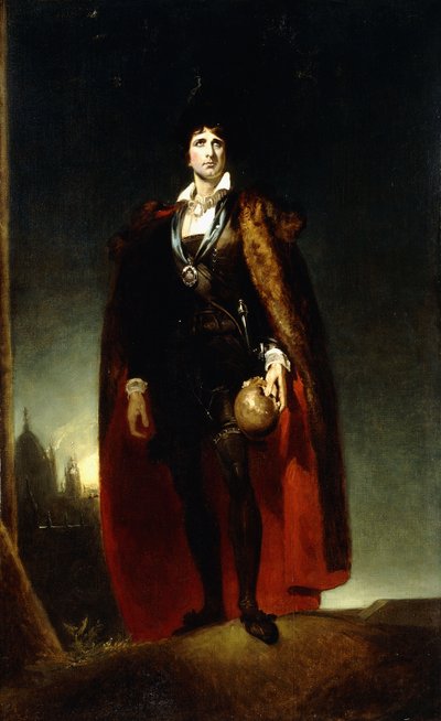 Portret van John Kemble als Hamlet, staand in een landschap, met een cape en een schedel door Thomas Lawrence