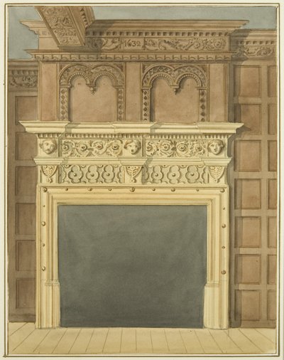 Schoorsteenmantel en lambrisering, gedateerd 1632, in huis aan de noordkant van St Nicholas Street door Thomas Leeson the Elder Rowbotham