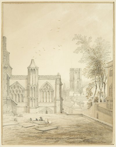 Oostkant van St Mary Redcliffe, met Temple Church door Thomas Leeson the Elder Rowbotham