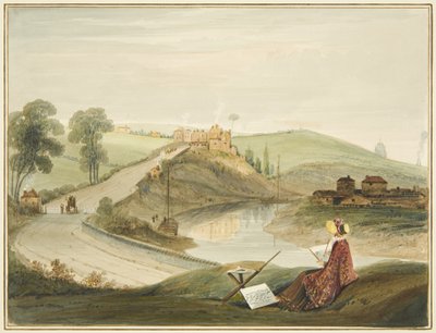 Totterdown en Pile Hill vanaf Bath Road, met de Brislington Turnpike (met een Miss Braikenridge? aan het schetsen) door Thomas Leeson the Elder Rowbotham