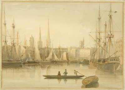 Uitzicht op de drijvende haven vanaf Redcliffe Back Ferry door Thomas Leeson the Elder Rowbotham