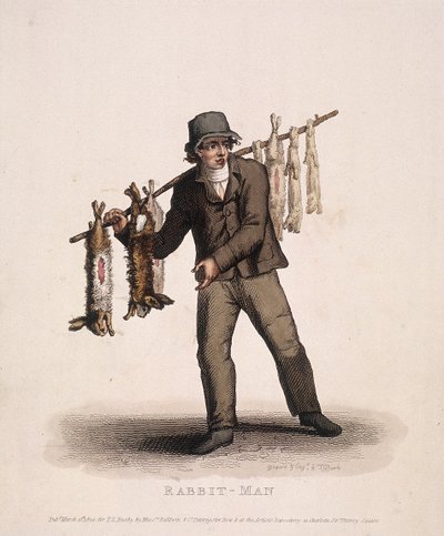 Konijnenverkoper met een stok vol konijnen door Thomas Lord Busby