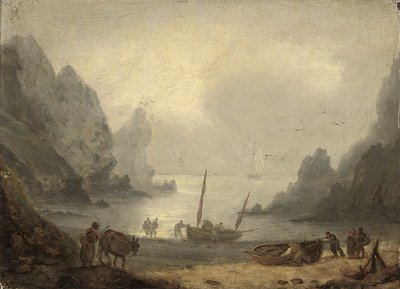 Een inham in Devonshire met vissers die hun vangst lossen op het strand, ca. 1804 door Thomas Luny