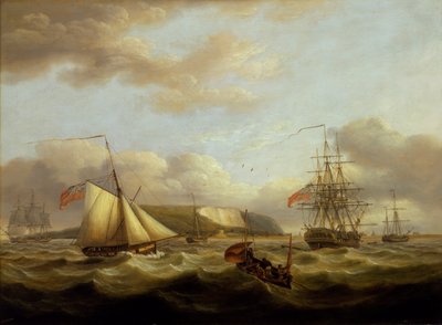 Een cutter die achter een fregat langs vaart, begin 19e eeuw door Thomas Luny