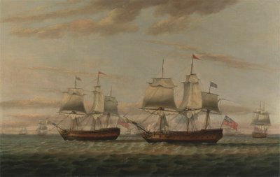 Een Indiaman en een Tweedekker Hove to, Zogenaamd Thomas Dumar, Esq. in H.M. Schip 