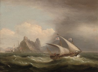 Een gewapende Xebec in de Middellandse Zee, een Britse fregat achter haar en langs een rotsachtige kust, 1822 door Thomas Luny