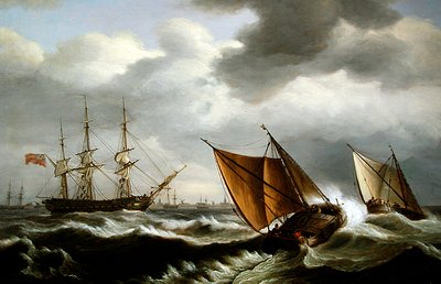 Nederlandse kustvaartuigen met een Engelse fregat voor anker in een storm bij Harwich door Thomas Luny
