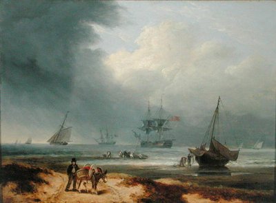 Schepen in een winderige baai met mannen die aan de kust werken door Thomas Luny