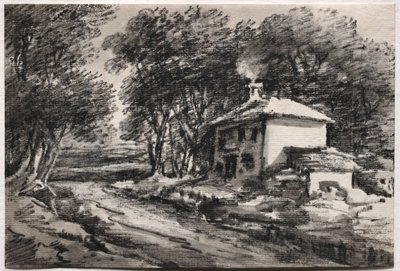 Landschap met huisje (recto) door Thomas Monro