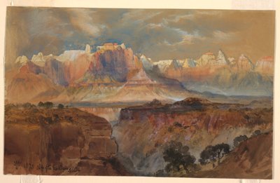 Tekening, Kliffen van de Rio Virgin, Zuid-Utah, 1873 door Thomas Moran