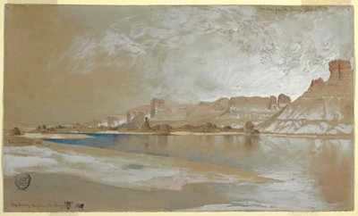 Tekening, Green River vanaf de veerboot, Wyoming Territory, 11 september 1889 door Thomas Moran
