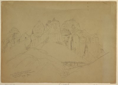 Tekening, Rio Virgin rivier met grote rotsformaties, 1873 door Thomas Moran
