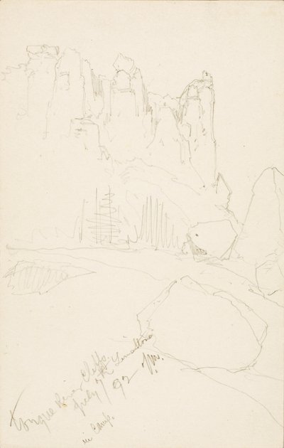 Tongue River Cliffs (In Camp) door Thomas Moran